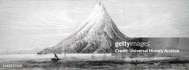 An engraving depicting Krakatoa as it appeared before it exploded and was destroyed. Dated 19th century.