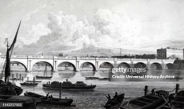 An engraving depicting Waterloo Bridge, built by John Rennie. Dated 19th century.