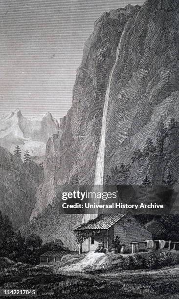 An engraving depicting the Staubbach Falls in the Bernese Highlands near Lauterbrunnen, Switzerland. Dated 19th century.