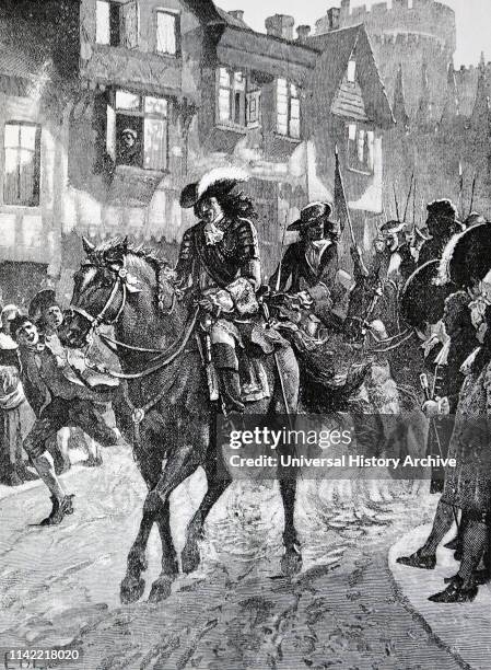 An engraving depicting King James II of England arriving in Dublin after the defeat of his troops at the Battle of the Boyne by the forces of King...