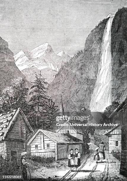 An engraving depicting the Staubbach Falls in the Bernese Highlands near Lauterbrunnen, Switzerland. Dated 19th century.