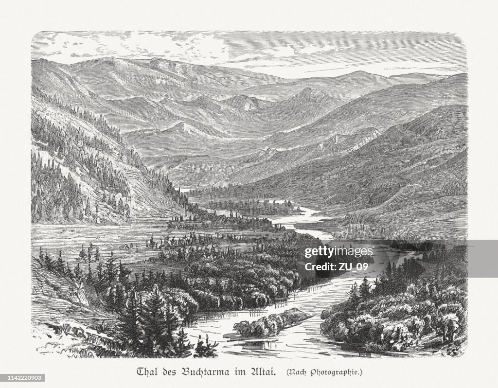 Bukhtarma river, Altai Mountains, Kazakhstan, wood engraving, published in 1897