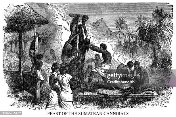 ilustraciones, imágenes clip art, dibujos animados e iconos de stock de fiesta de los caníbales de sumatra - canibalismo
