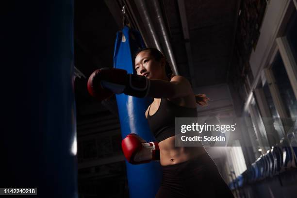 Teenage girl exercising using boxing bags