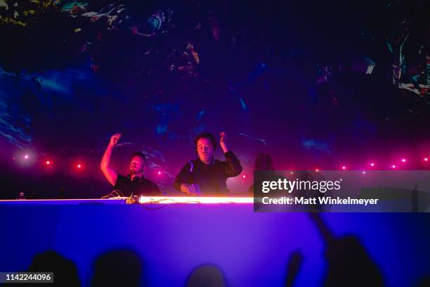 Jon George, James Hunt, and Tyrone Lindqvist of Rüfüs Du Sol perform at the 2019 Coachella Valley Music and Arts Festival HP and RÜFÜS DU SOL on...