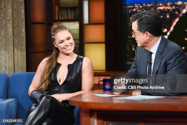 The Late Show with Stephen Colbert and guest Ronda Rousey during Friday's May 3, 2019 show.