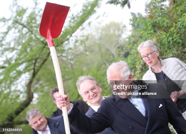 May 2019, Saxony-Anhalt, Wörlitz: The British heir to the throne Prince Charles lifts a shovel into the air after planting a tree in the Garden...