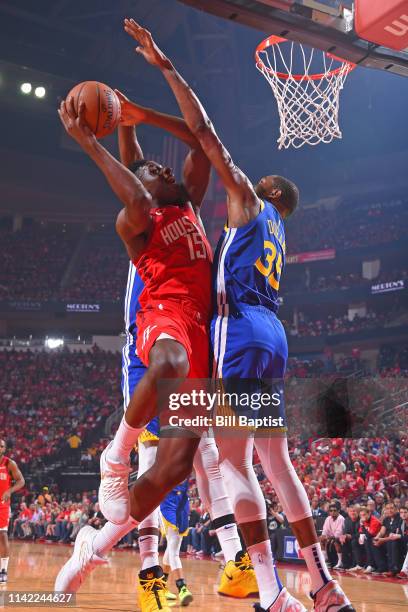 Clint Capela of the Houston Rockets shoots the ball against the Golden State Warriors during Game Four of the Western Conference Semifinals of the...