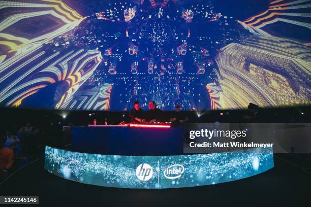 James Hunt, Tyrone Lindqvist, and Jon George of Rüfüs Du Sol performs at the 2019 Coachella Valley Music and Arts Festival HP and RÜFÜS DU SOL on...