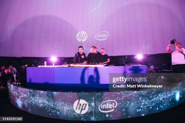 James Hunt, Tyrone Lindqvist, and Jon George of Rüfüs Du Sol performs at the 2019 Coachella Valley Music and Arts Festival HP and RÜFÜS DU SOL on...