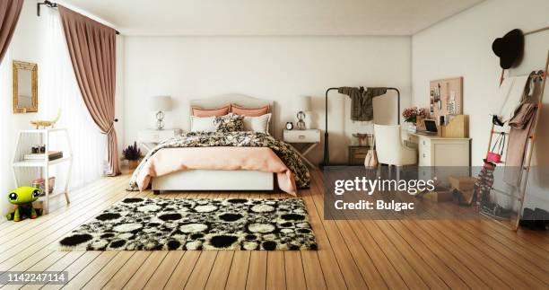 warm and cozy bedroom - carpet mess stock pictures, royalty-free photos & images