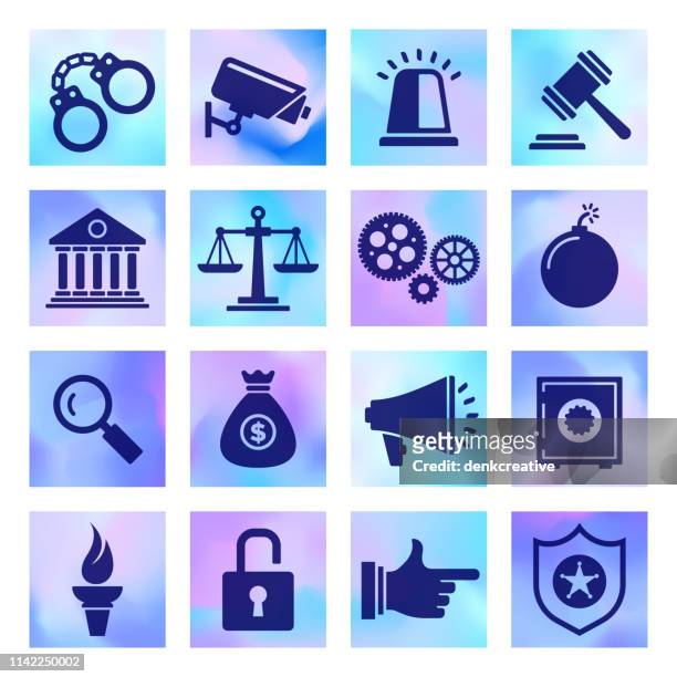 crime prevention & justice system holographic style vector icon set - law logo stock illustrations