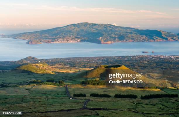 Landscape with craters. Faial island and town Horta in the background. Pico Island. An island in the Azores in the Atlantic ocean. The Azores are an...