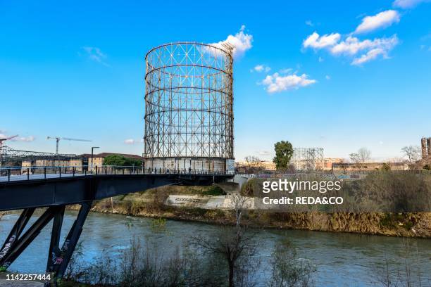 Old gasometer. Ponte dell'Industria bridge. Testaccio. Tevere river. Rome. Lazio. Italy. Europe.