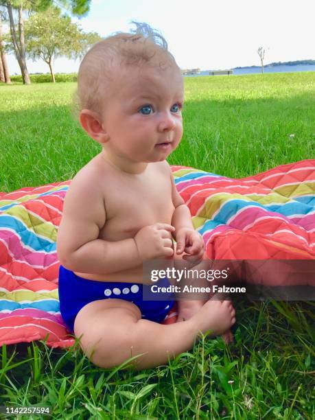 baby in cloth diaper at park - babies only in cloth diapers stock-fotos und bilder