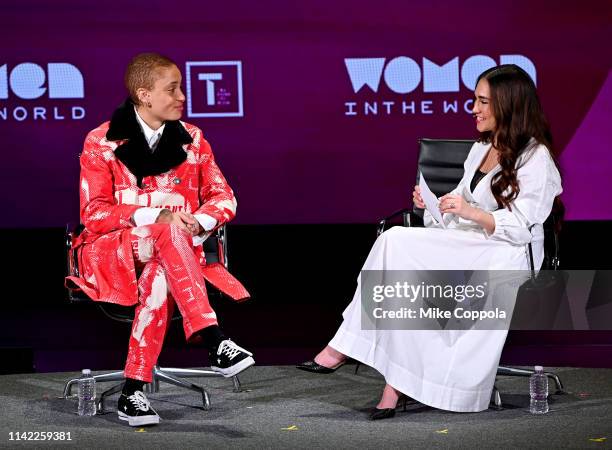 Adwoa Aboah and Audrey Gelman speak during the 10th Anniversary Women In The World Summit at David H. Koch Theater at Lincoln Center on April 12,...