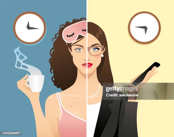 young woman daily rhythms - halved stock illustrations