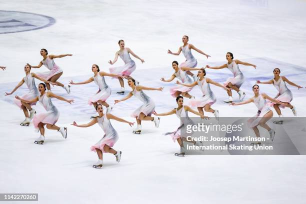 Team Paradise of Russia perform in the Short Program during day one of the ISU World Synchronized Skating Championships at Helsinki Arena on April...