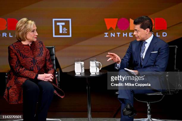 Hillary Clinton and Fareed Zakaria speak during the 10th Anniversary Women In The World Summit at David H. Koch Theater at Lincoln Center on April...