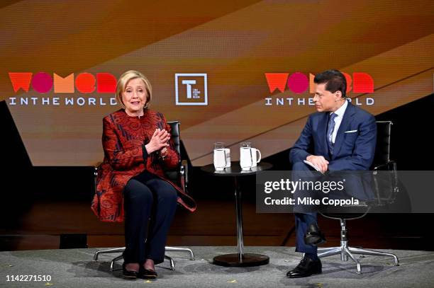 Hillary Clinton and Fareed Zakaria speak during the 10th Anniversary Women In The World Summit at David H. Koch Theater at Lincoln Center on April...