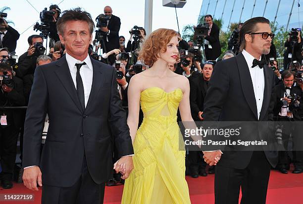 Actors Brad Pitt, Jessica Chastain and Sean Penn attend "The Tree Of Life" premiere during the 64th Annual Cannes Film Festival at Palais des...