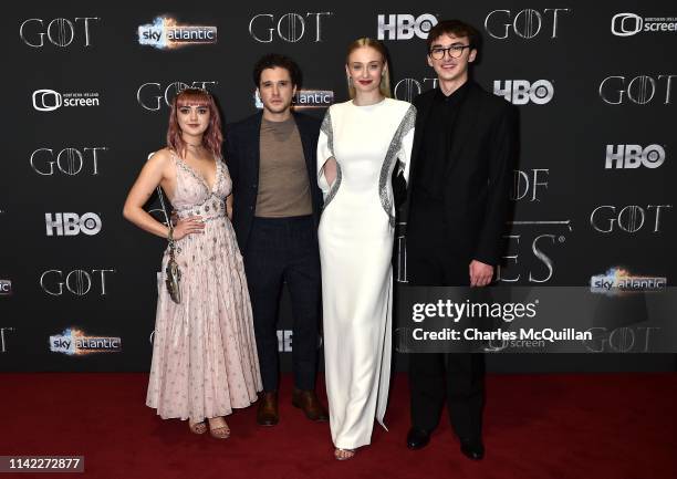 Maisie Williams, Kit Harington, Sophie Turner and Isaac Hempstead Wright attend the "Game of Thrones" Season 8 screening at the Waterfront Hall on...