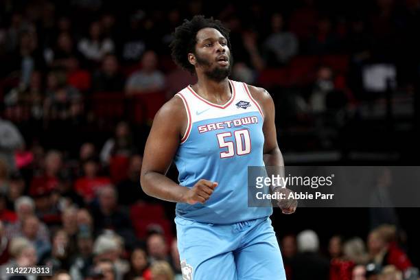 Caleb Swanigan of the Sacramento Kings reacts against the Portland Trail Blazers in the second quarter during their game at Moda Center on April 10,...