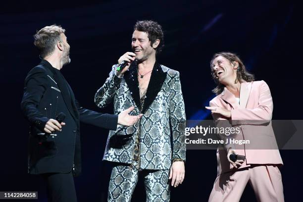 Take That perform during the dress rehearsal at the FlyDSA Arena at the FlyDSA Arena on April 11, 2019 in Sheffield, United Kingdom.