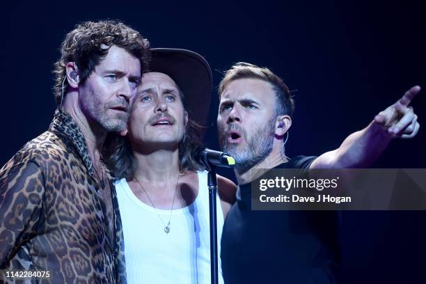 Take That perform during the dress rehearsal at the FlyDSA Arena at the FlyDSA Arena on April 11, 2019 in Sheffield, United Kingdom.