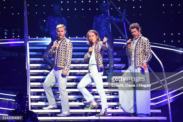 Take That perform during the dress rehearsal at the FlyDSA Arena on April 11, 2019 in Sheffield, United Kingdom.