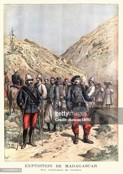 military uniforms, french army expedition to madagascar, 19th century - infantry stock illustrations