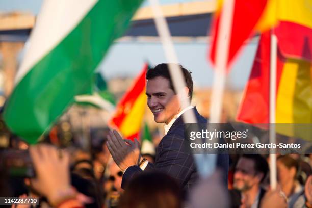 Spanish centre-right Ciudadanos party president Albert Rivera delivers a speech during a campaign rally in Malaga ahead of the April 28 general...