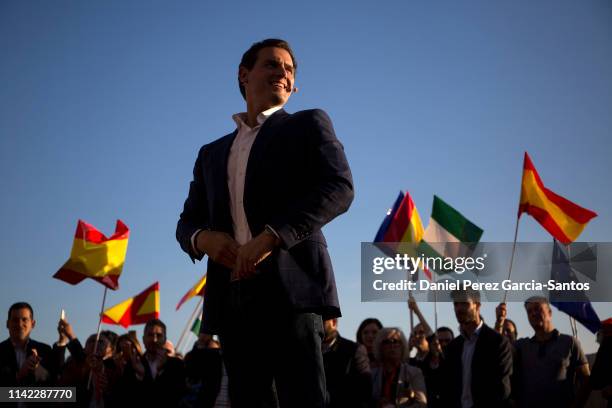 Spanish centre-right Ciudadanos party president Albert Rivera delivers a speech during a campaign rally in Malaga ahead of the April 28 general...