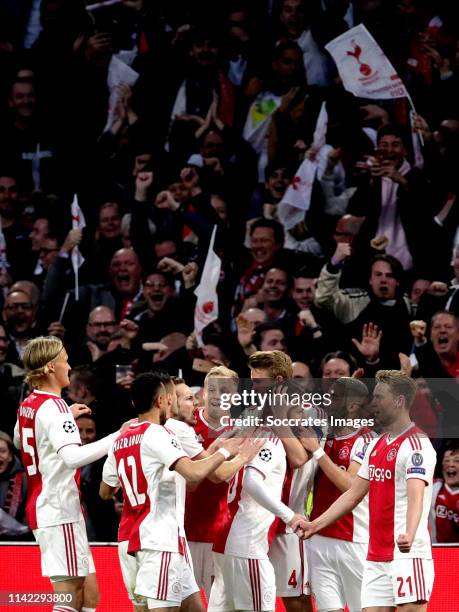 Matthijs de Ligt of Ajax celebrates 1-0 with Kasper Dolberg of Ajax, Noussair Mazraoui of Ajax, Dusan Tadic of Ajax, Daley Blind of Ajax, Donny van...