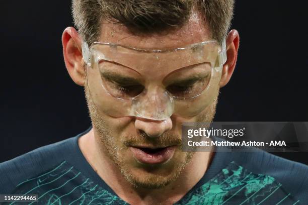 Dejected Jan Vertonghen of Tottenham Hotspur wearing a face mask during the UEFA Champions League Semi Final second leg match between Ajax and...