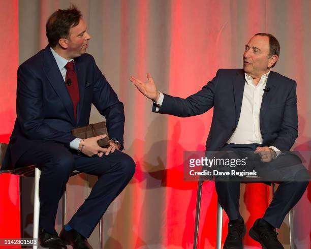 Elliotte Friedman, Canadian sports journalist talks with Gary Bettman, Commissioner of the National Hockey League during the 2019 NHL Club Business...