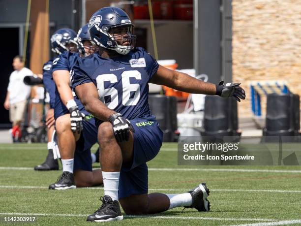Seattle Seahawks offensive guard Venzell Boulware performing drills during the Seahawks Rookie Mini-Camp on May 04 at Virginia Mason Athletic Center...