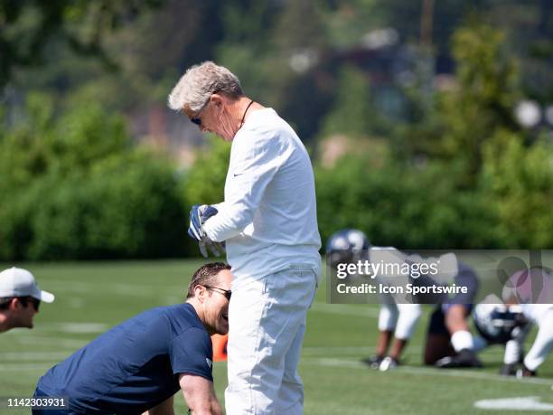 Seattle Seahawks head coach Pete Carroll communicating with his staff during the Seahawks Rookie Mini-Camp on May 04 at Virginia Mason Athletic...