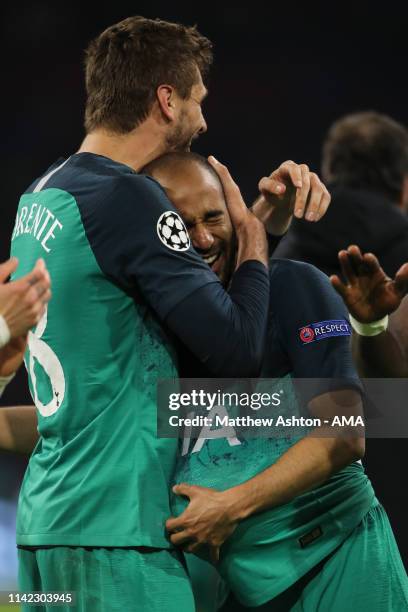 Fernando Llorente of Tottenham Hotspur celebrates with Lucas Moura of Tottenham Hotspur at full time during the UEFA Champions League Semi Final...