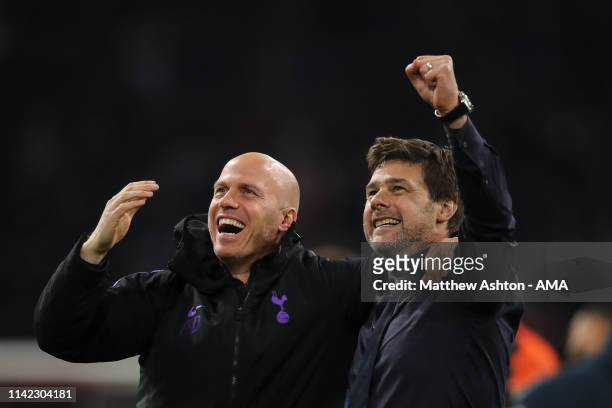 Mauricio Pochettino head coach / manager of Tottenham Hotspur celebrates with Brad Friedel during the UEFA Champions League Semi Final second leg...