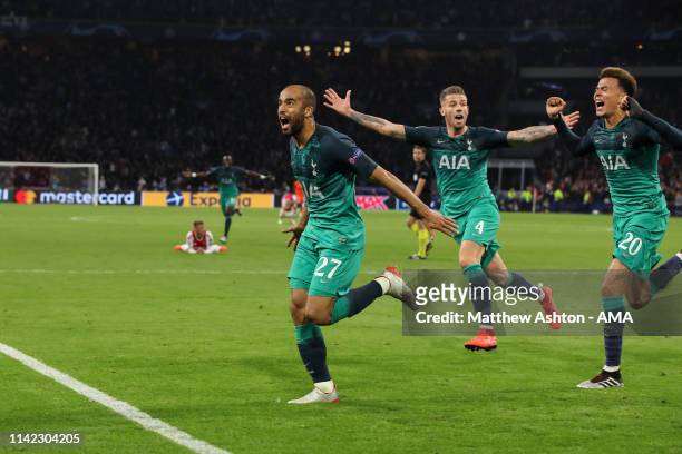 Lucas Moura of Tottenham Hotspur celebrates after scoring a goal to make it 203 during the UEFA Champions League Semi Final second leg match between...