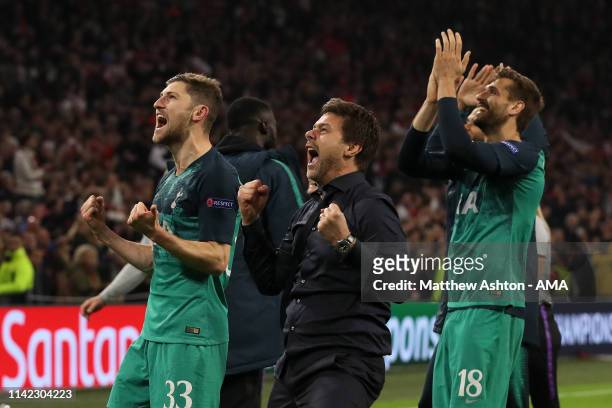 Mauricio Pochettino head coach / manager of Tottenham Hotspur celebrates at full time during the UEFA Champions League Semi Final second leg match...