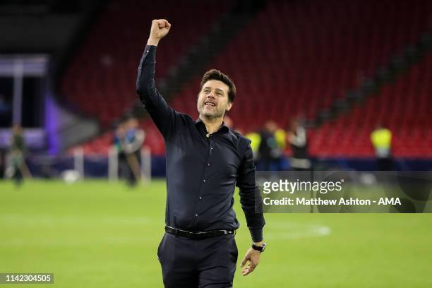 Mauricio Pochettino head coach / manager of Tottenham Hotspur comes back out after full time to celebrate with the fans during the UEFA Champions...