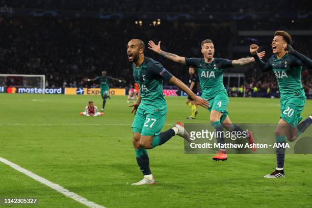 Lucas Moura of Tottenham Hotspur celebrates after scoring a goal to make it 2-3 during the UEFA Champions League Semi Final second leg match between...