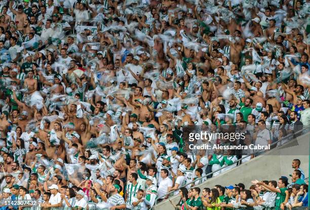 Fans of Palmeiras cheer their team during the match between Palmeiras and San Lorenzo as part of Copa CONMEBOL Libertadores 2019 at Allianz Parque...