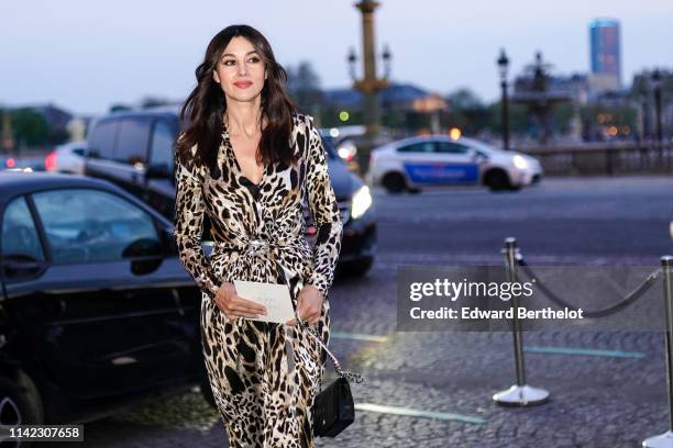 Monica Bellucci is seen outside the "Diner du Cinema - Madame Figaro" event, on April 12, 2019 in Paris, France.