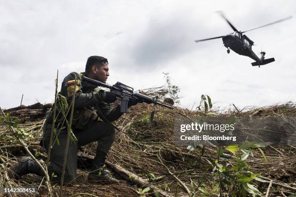 An anti-narcotics police officer takes position as a police helicopter flies over a coca field during an operation in Tumaco, Narino department,...