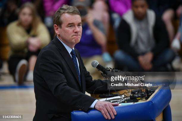 Sen. Michael Bennet speaks during a candlelight vigil at Highlands Ranch High School on May 8, 2019 in Highlands Ranch, Colorado. One student was...