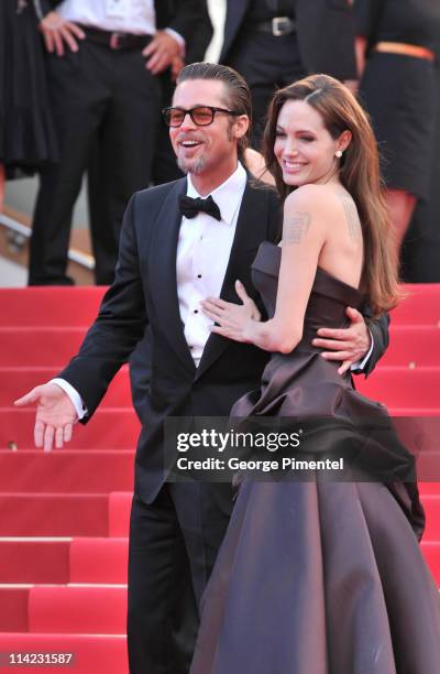 Actors Angelina Jolie and Brad Pitt attend "The Tree Of Life" Premiere during the 64th Annual Cannes Film Festival at Palais des Festivals on May 16,...