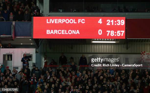The Anfield scoreboard shows a 4-0 scoreline after Liverpool's Divock Origi scored his side's fourth goal during the UEFA Champions League Semi Final...